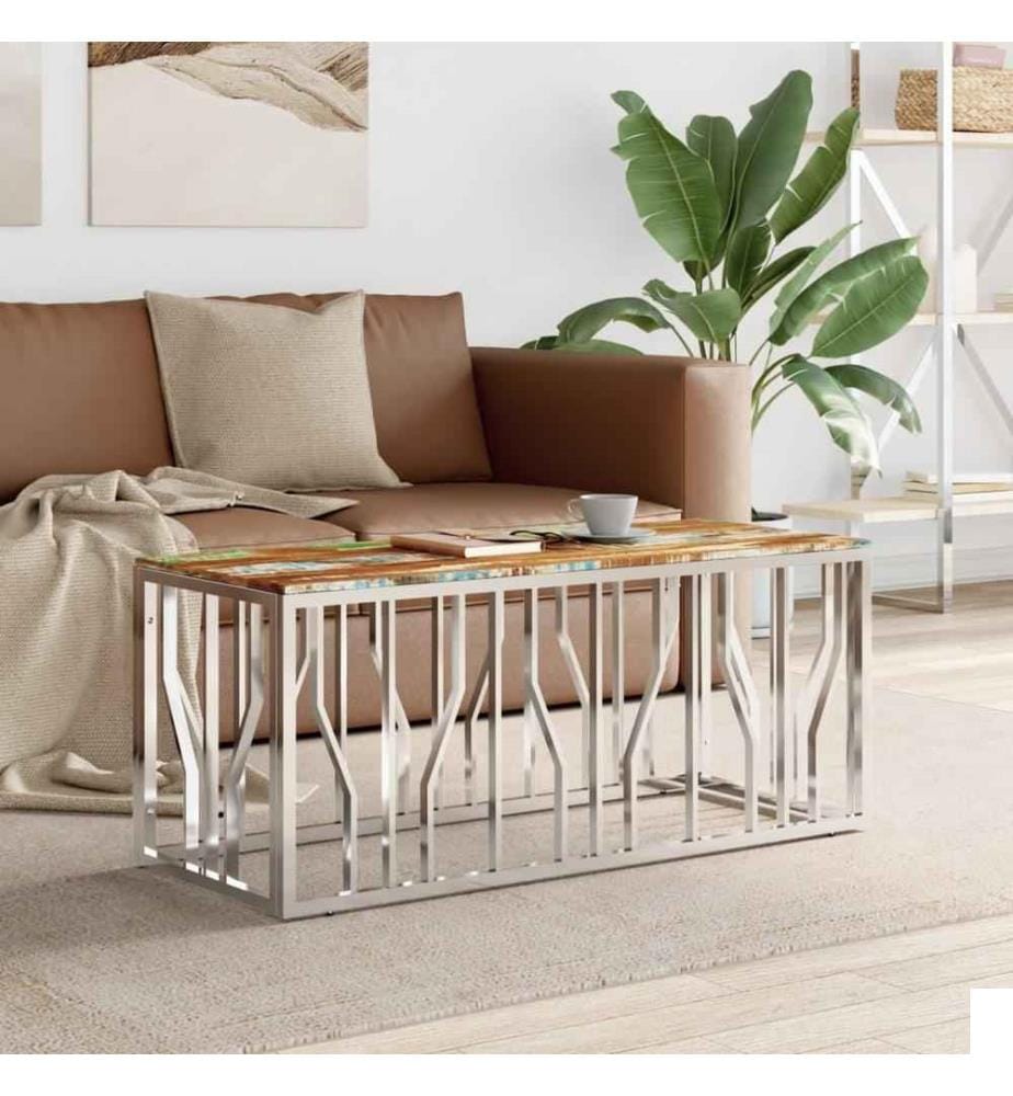 Table basse argenté acier inoxydable/bois massif récupération