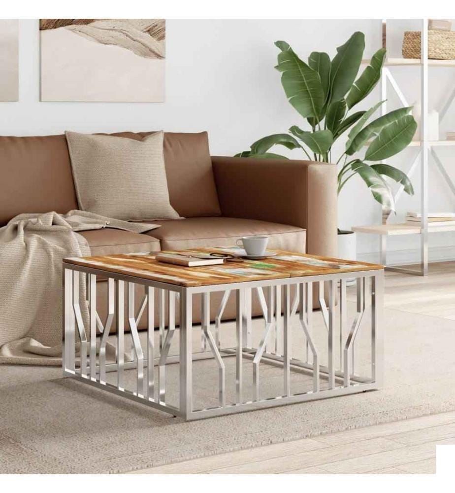 Table basse argenté acier inoxydable/bois massif récupération