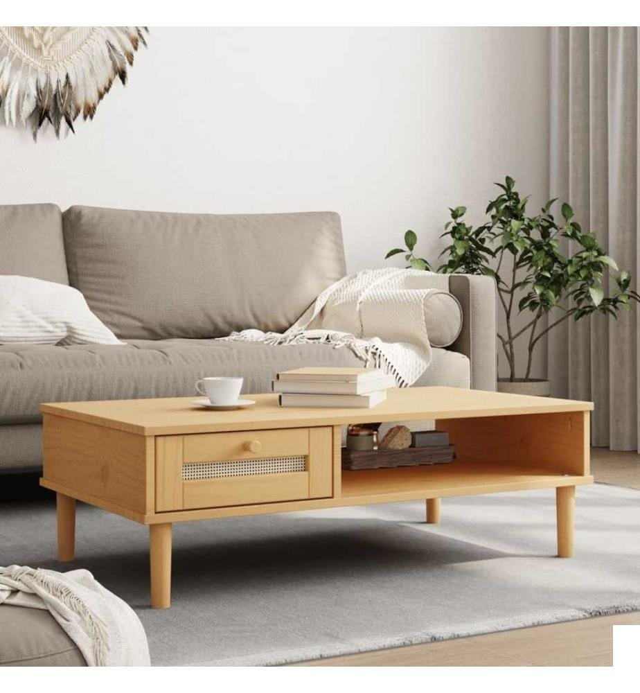 Table basse SENJA aspect rotin marron 100x55x33 cm bois massif