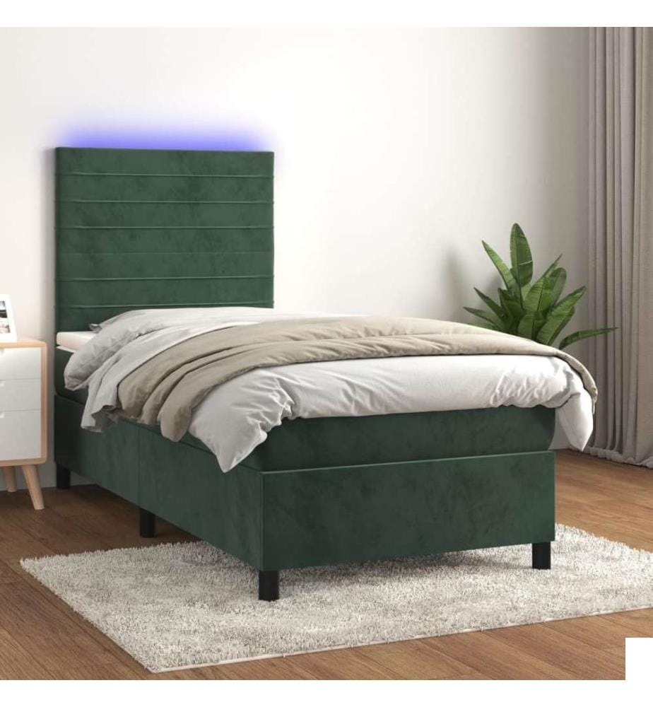 Sommier tapissier matelas et LED Vert foncé 100x200 cm Velours