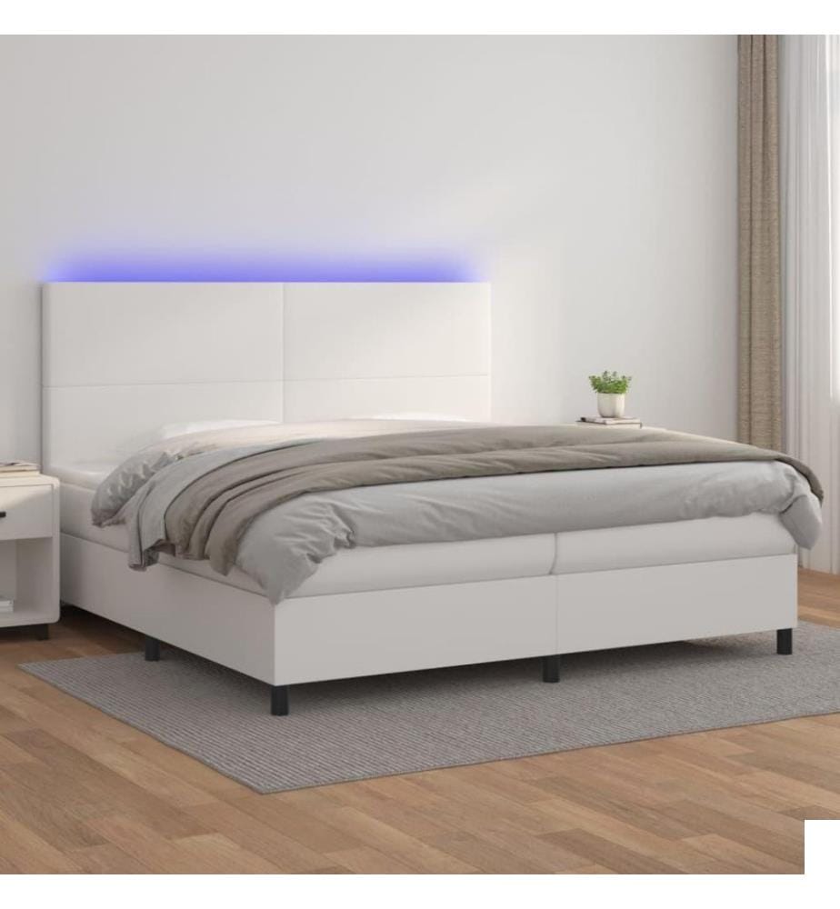 Sommier tapissier et matelas et LED Blanc 200x200 cm Similicuir