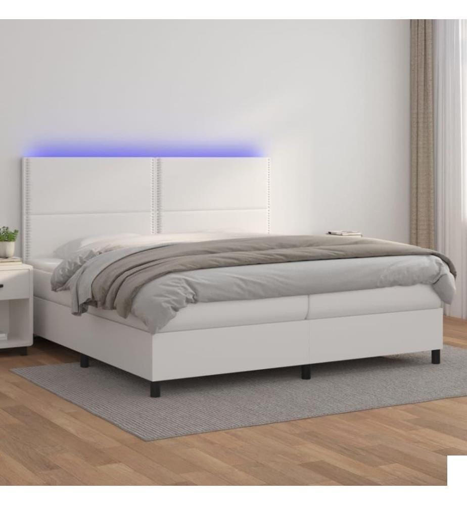 Sommier tapissier et matelas et LED Blanc 200x200 cm Similicuir