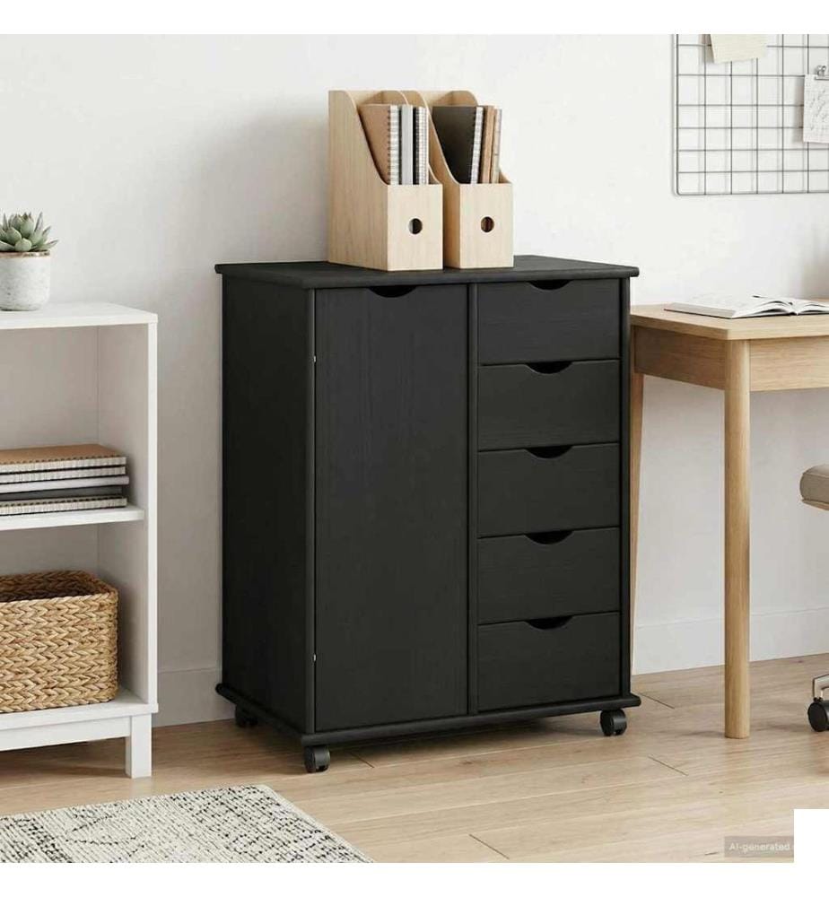 Cabinet roulant Noir 63,5 x 39 x 79 cm Bois de Pin Massif