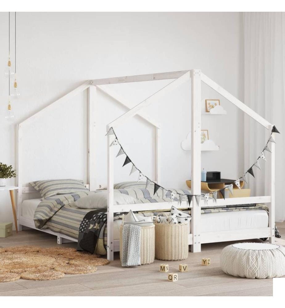 Cadre de lit d'enfant blanc 2x(80x200) cm bois de pin massif
