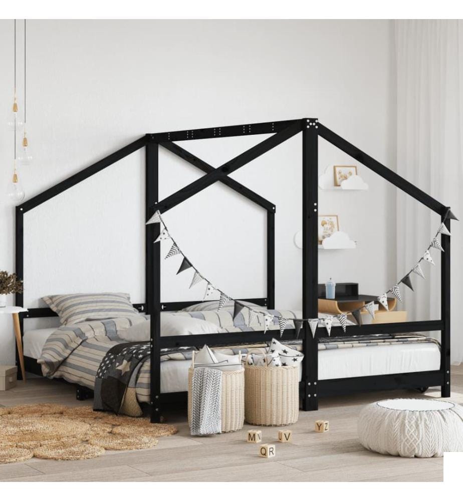 Cadre de lit pour enfants noir 2x(90x190) cm bois de pin massif
