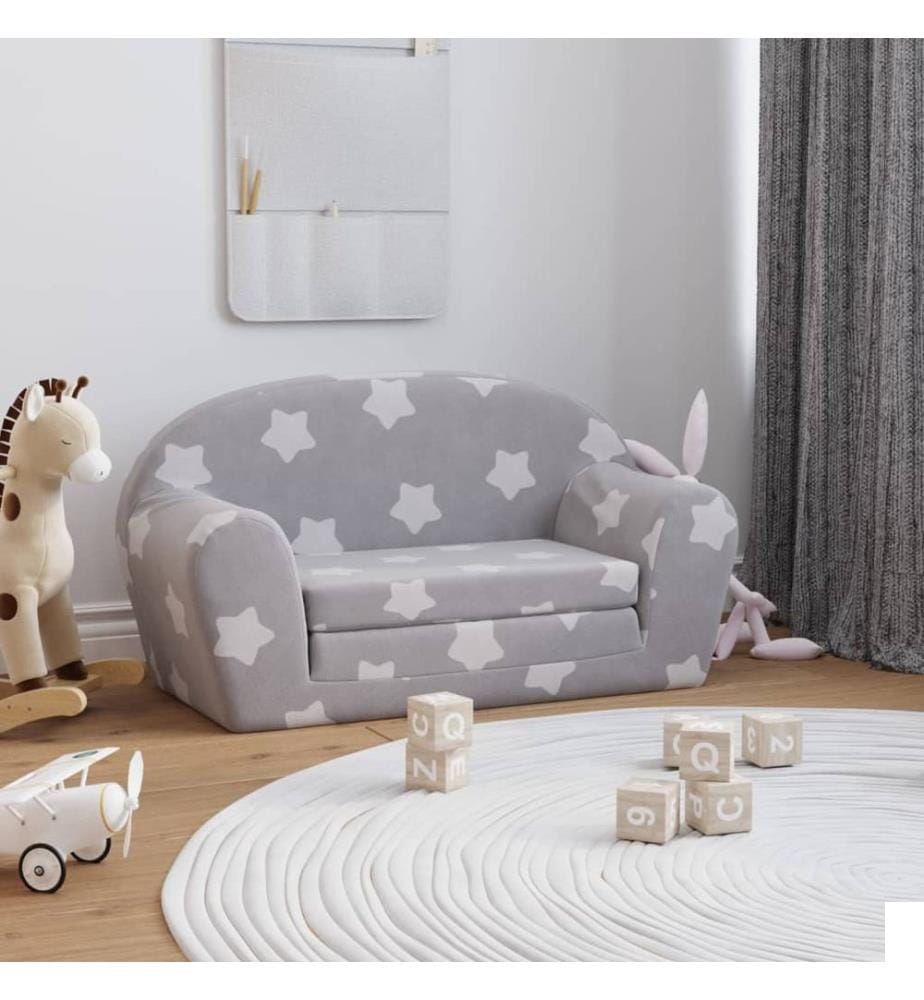 Canapé-lit enfant 2 places gris clair étoiles peluche douce