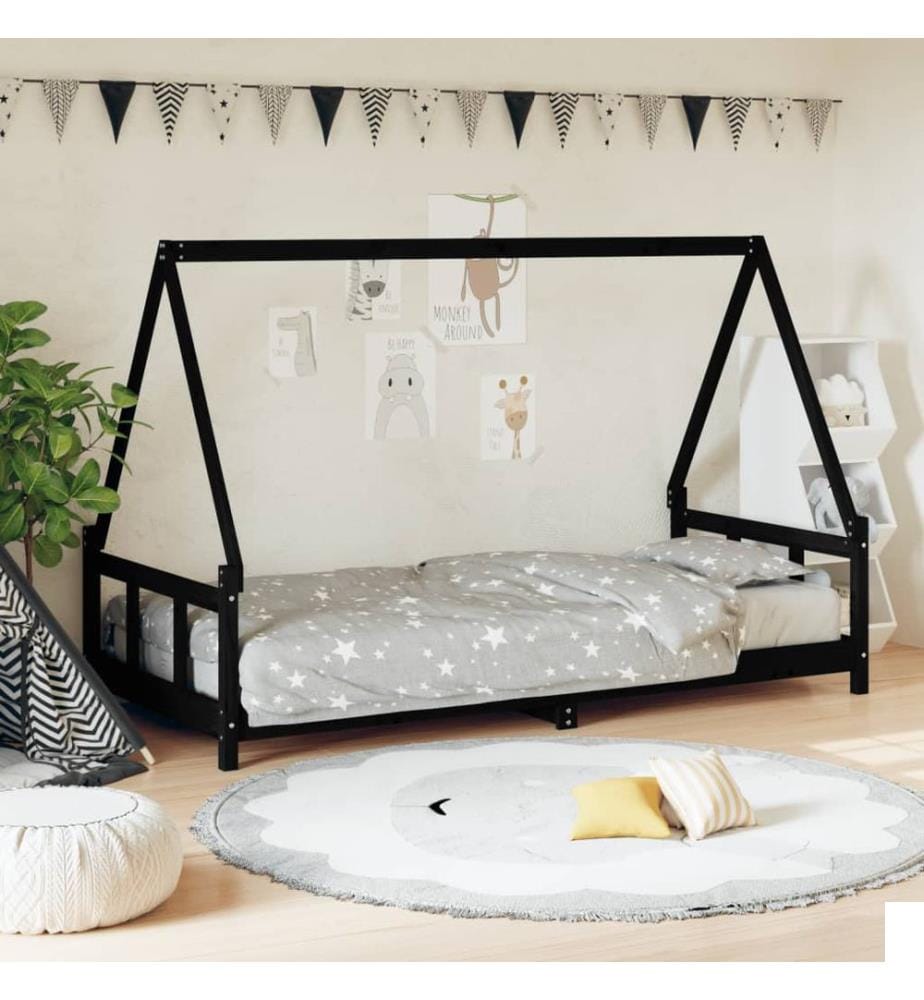 Cadre de lit pour enfants noir 90x190 cm bois de pin massif