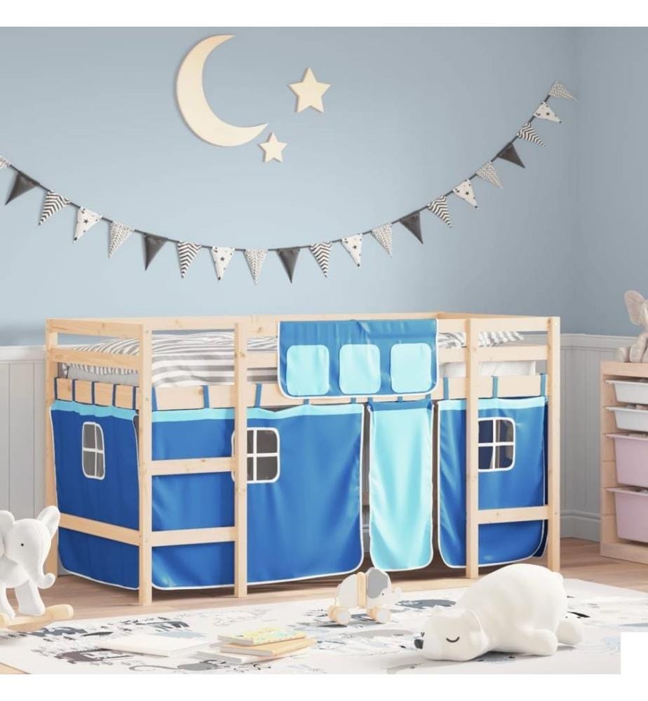 Lit mezzanine enfants et rideaux bleu 90x190cm bois pin massif