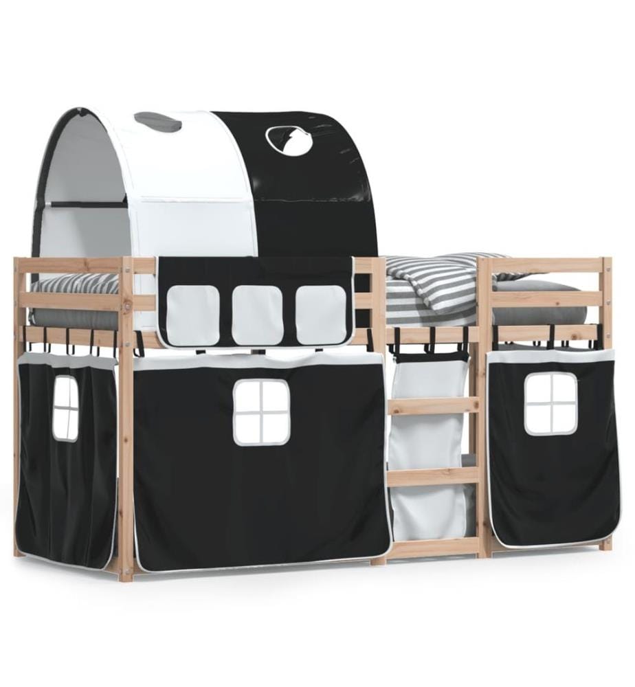 Lit superposé avec rideaux blanc/noir 90x200 cm bois pin massif