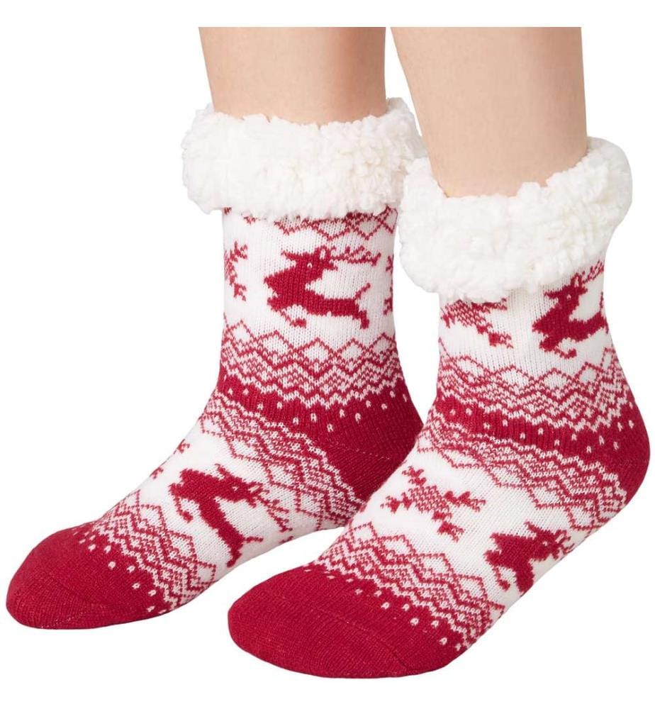 Chaussettes douillettes avec motif de renne rouge-blanc