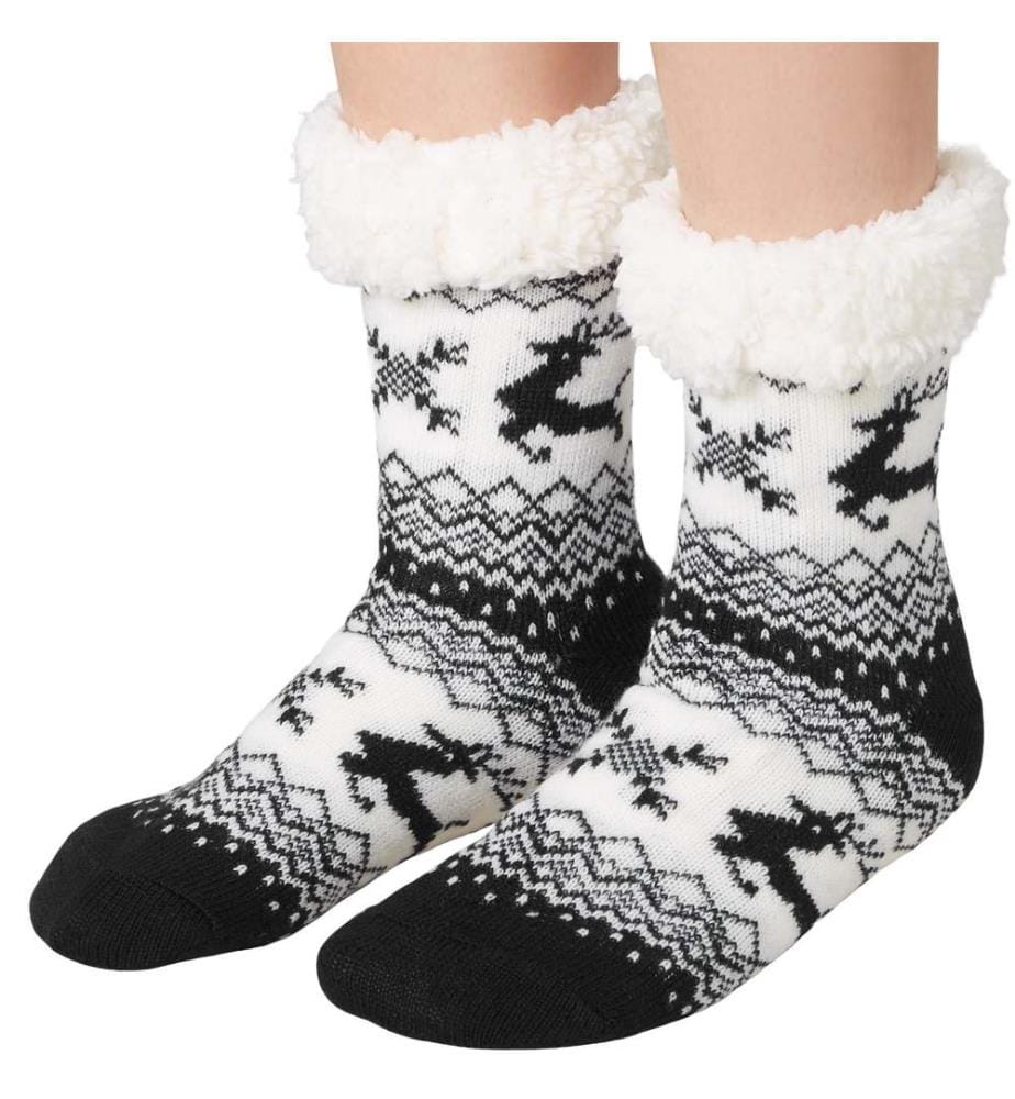 Chaussettes douillettes avec motif de renne noir-blanc