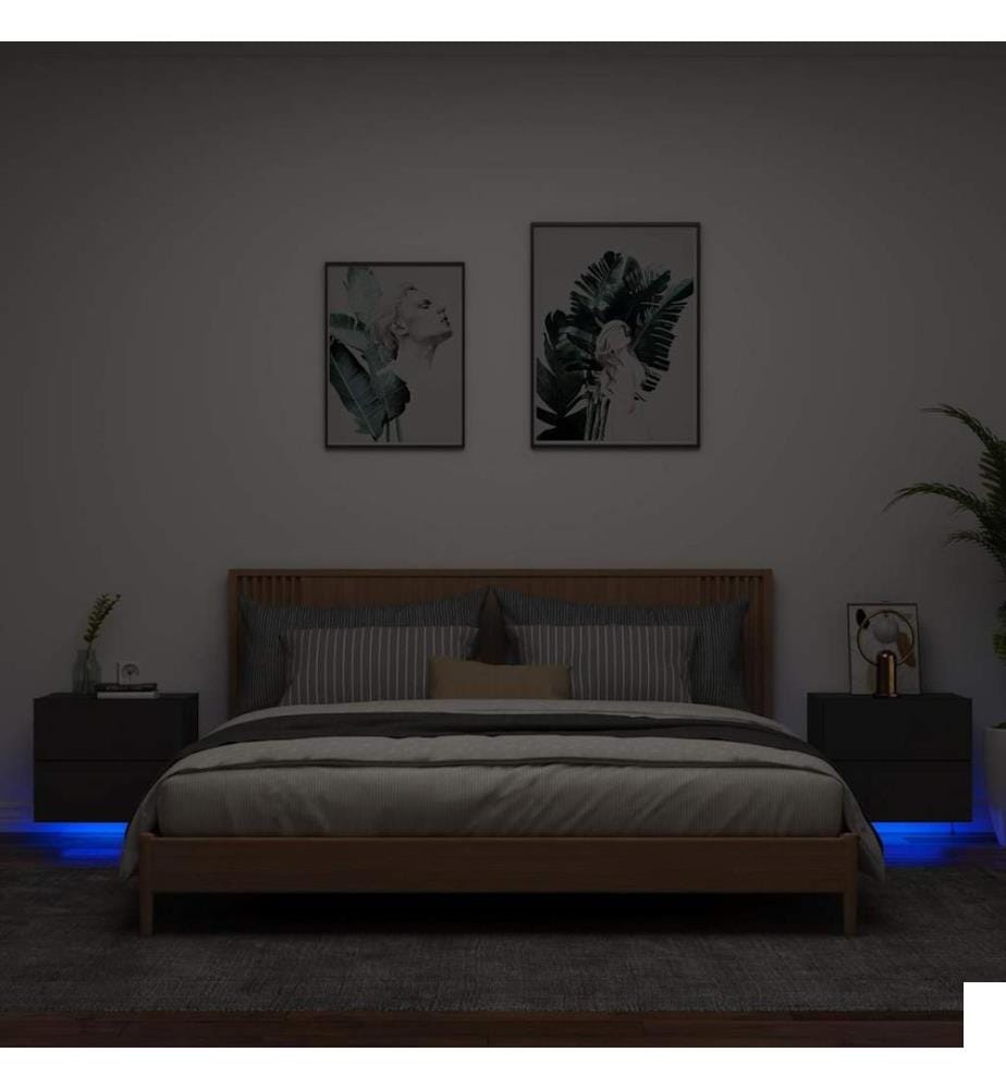Tables de chevet murales avec lumières LED 2 pcs noir