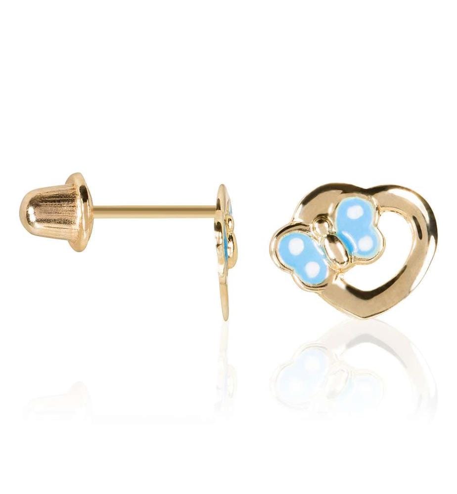 Boucles d'Oreilles Petit Coeur Bleu - Or Jaune 375/1000