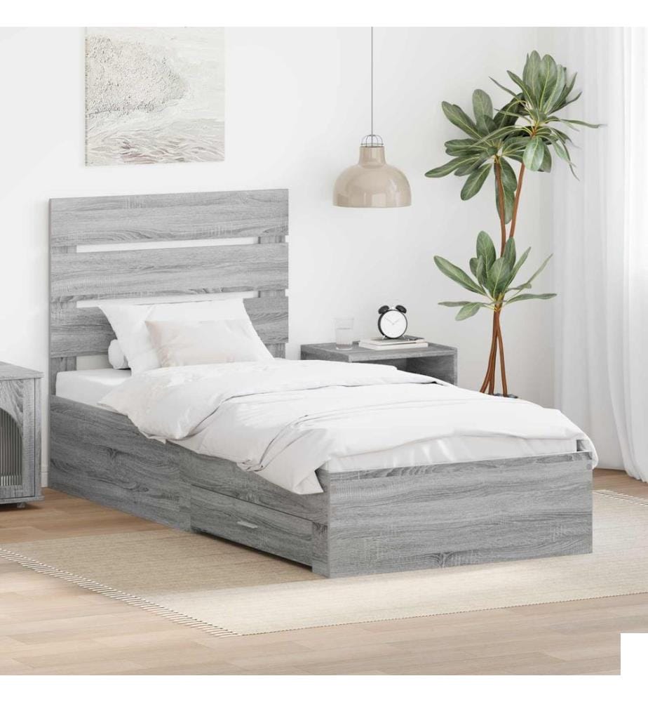 Cadre de lit avec tiroir Sonoma Gris et Argent 75 x 190 cm