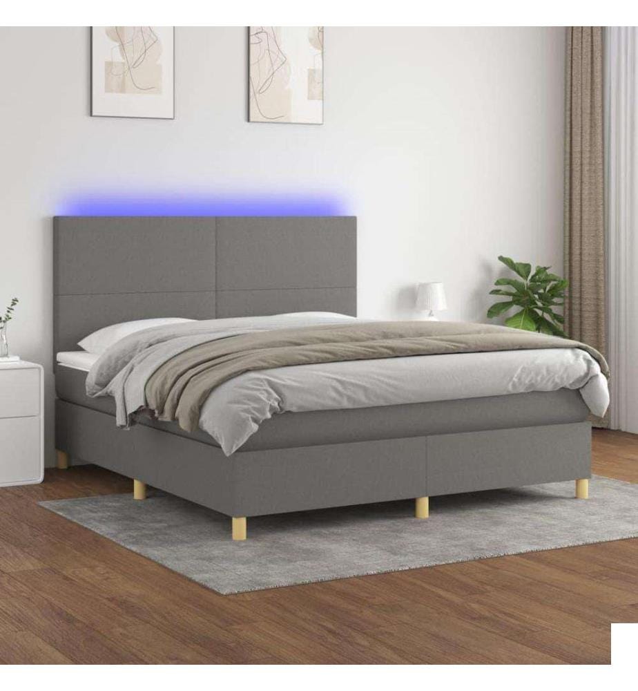 Sommier tapissier et matelas et LED Gris foncé 180x200 cm Tissu