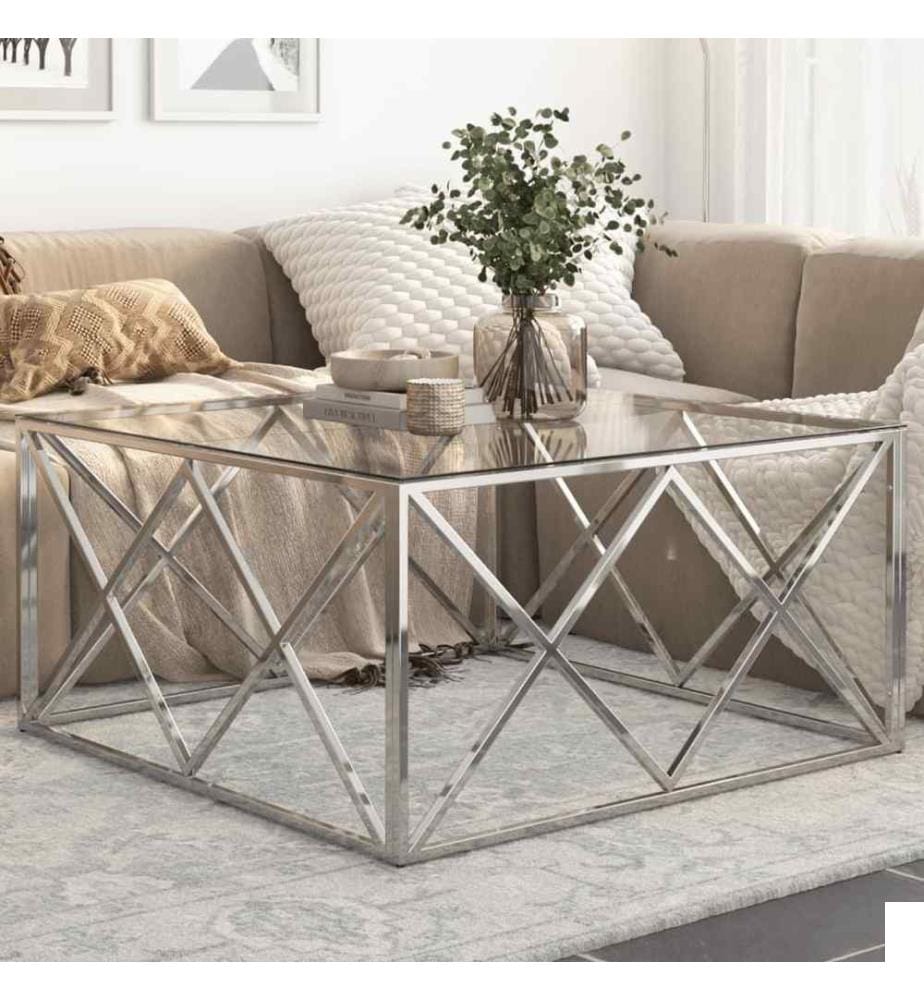 Table basse argenté acier inoxydable et verre trempé