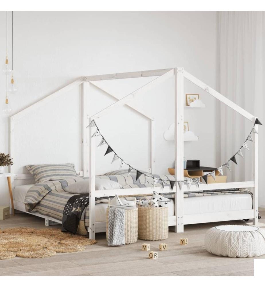 Cadre de lit d'enfant blanc 2x(90x200) cm bois de pin massif