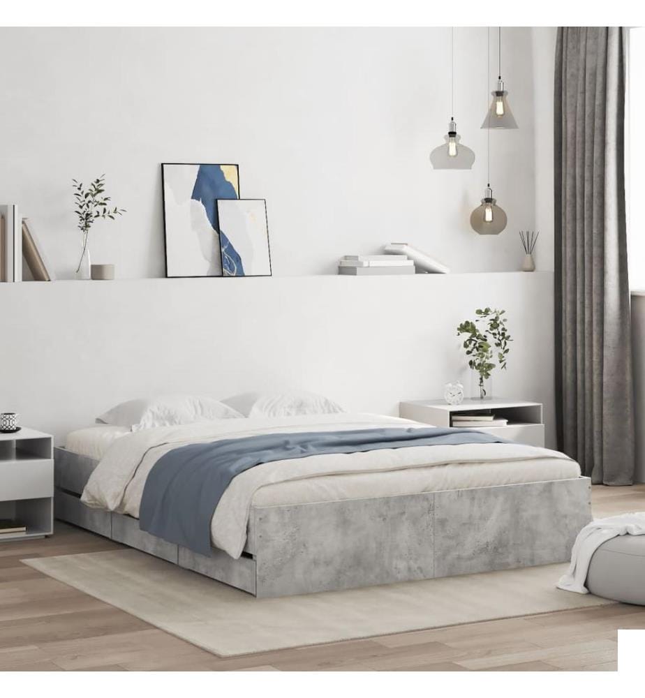 Cadre de lit avec tiroirs sans matelas gris béton 140x200 cm