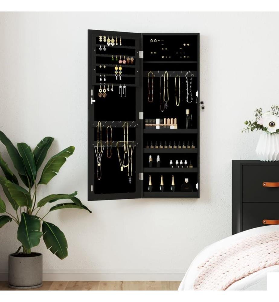Armoire à bijoux avec miroir murale noir 37,5x10x106 cm