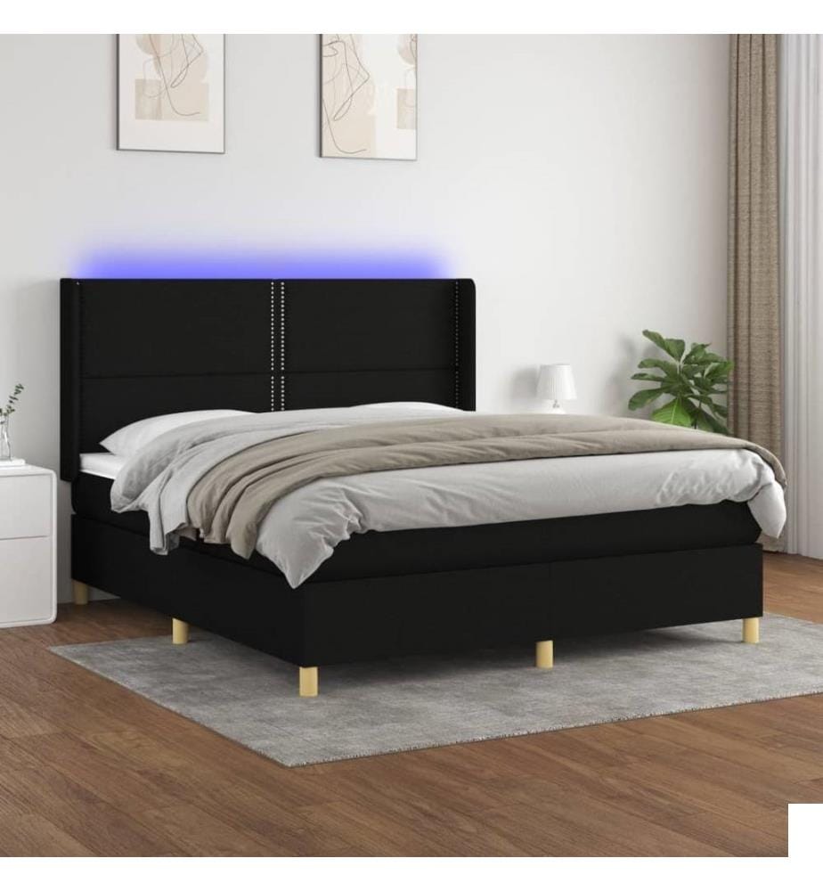 Sommier à lattes de lit matelas et LED Noir 180x200 cm Tissu