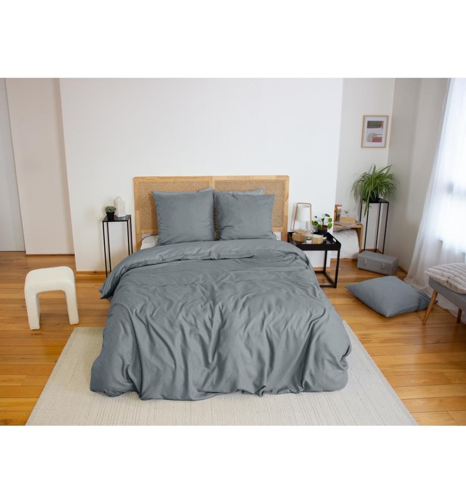 Parure Housse de Couette 3pcs 240X220 cm 100% Microfibre Effet Flanelle - Ardoise
