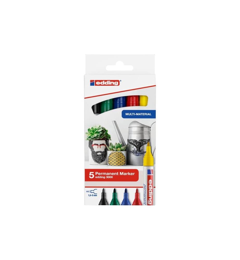 EDDING - Marqueur indélébile 3000 5 pièces, vert/jaune/bleu/rouge