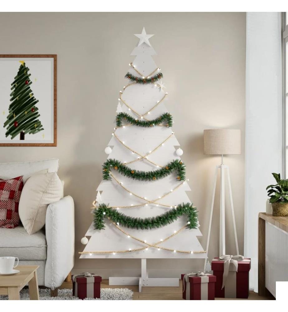 Arbre de Noël en bois pour décoration blanc 180 cm pin massif