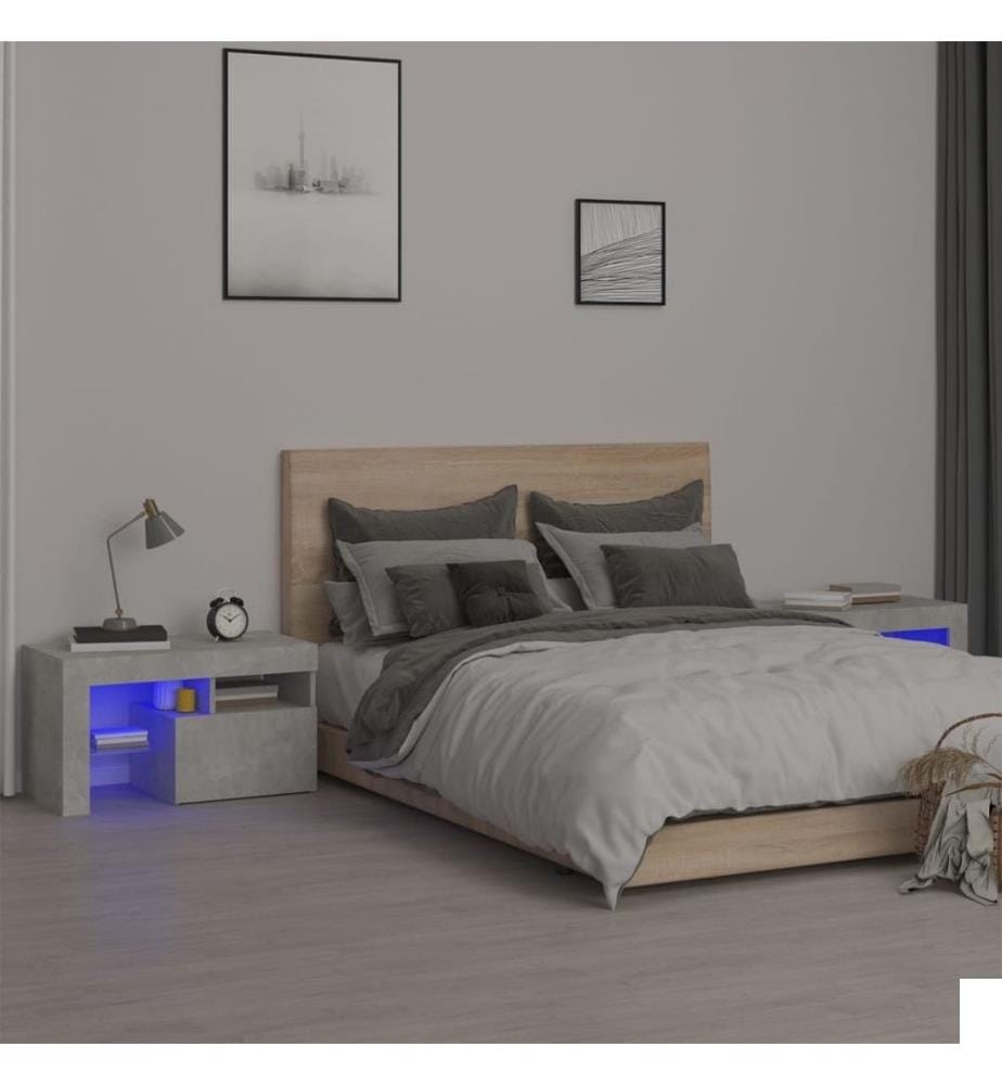 Tables de chevet 2 pcs et lumières LED Gris béton 70x36,5x40 cm