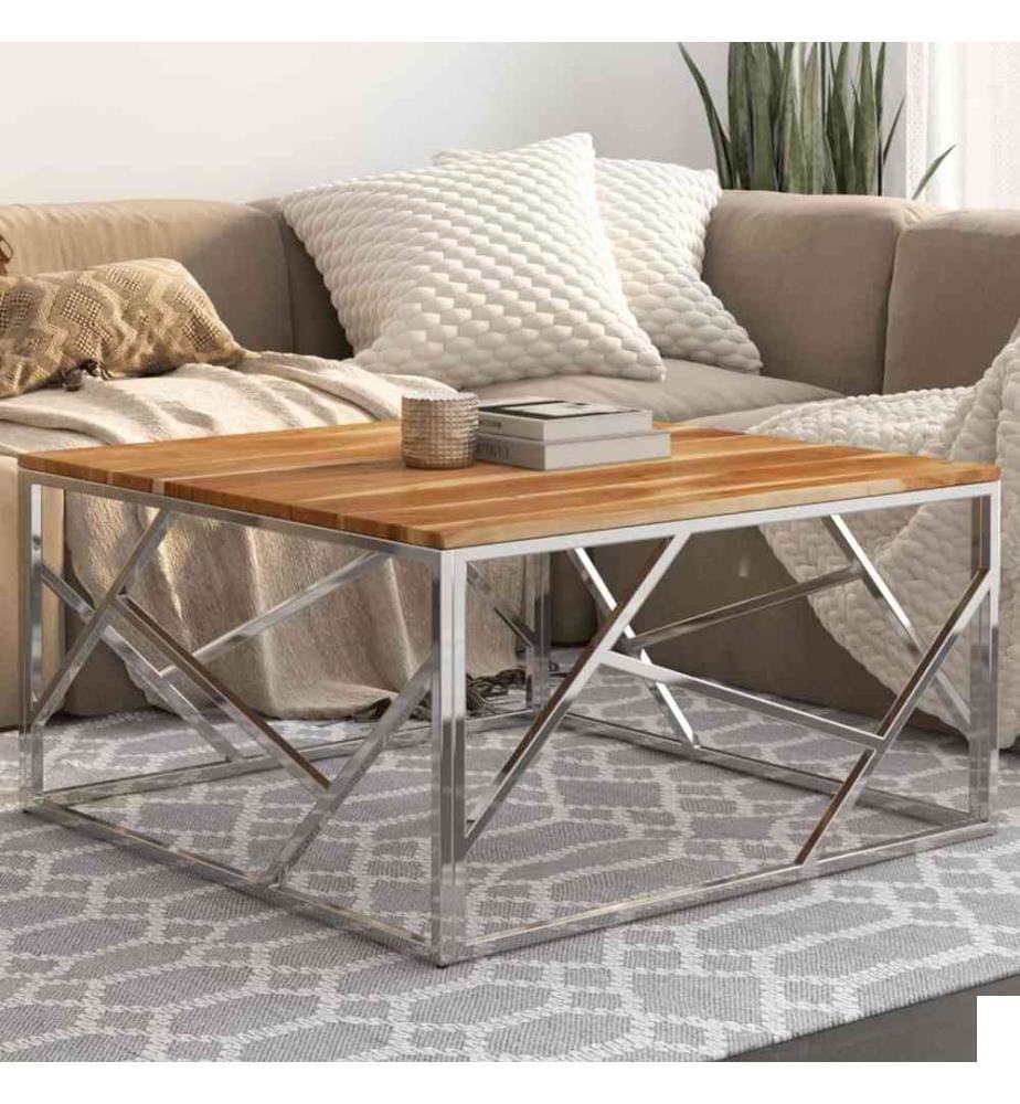 Table basse argenté acier inoxydable et bois massif d'acacia