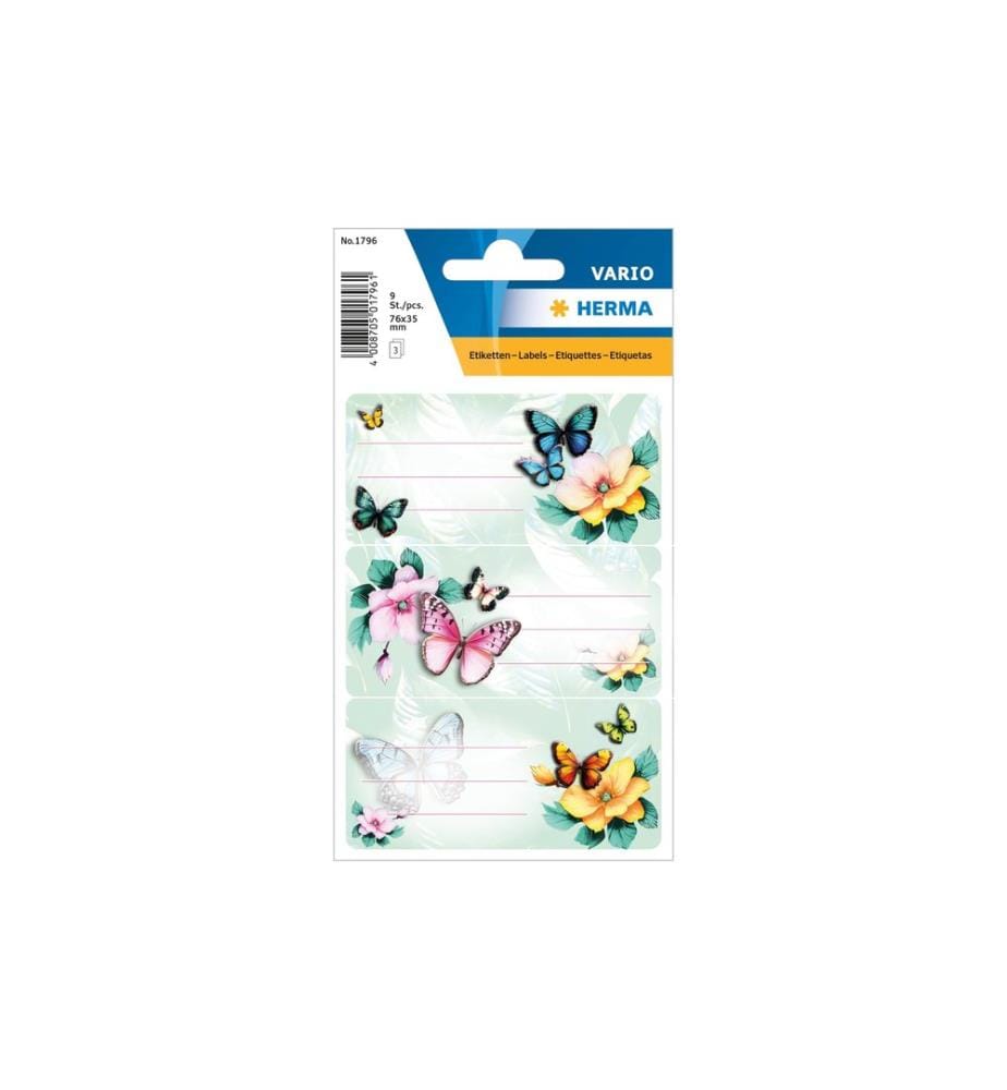 HERMA - Stickers Étiquettes scolaires Papillons 3 feuilles / 9 autocollants