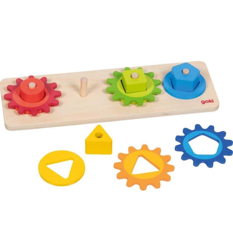GOKI - Jeu de tri en bois avec des roues dentées 30 x 10 x 4 cm, 12 pièces