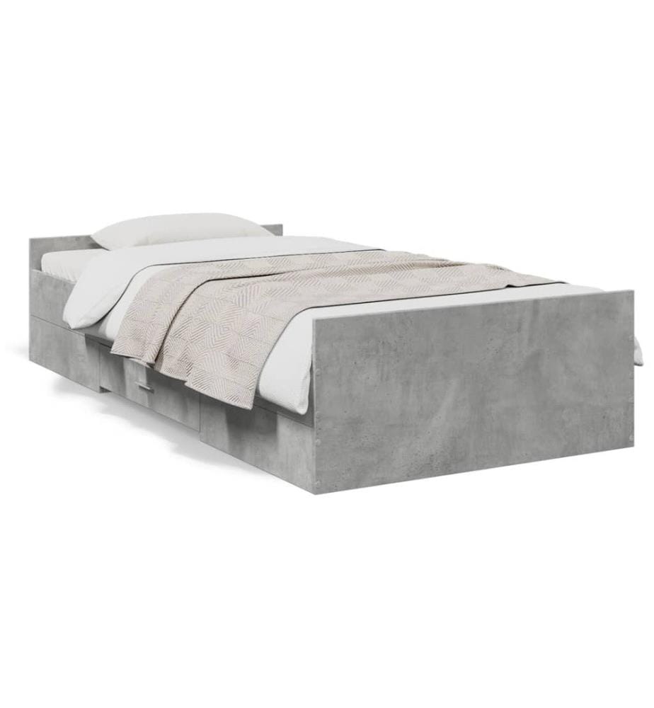 Cadre de lit et tiroirs gris béton 75x190 cm bois d'ingénierie