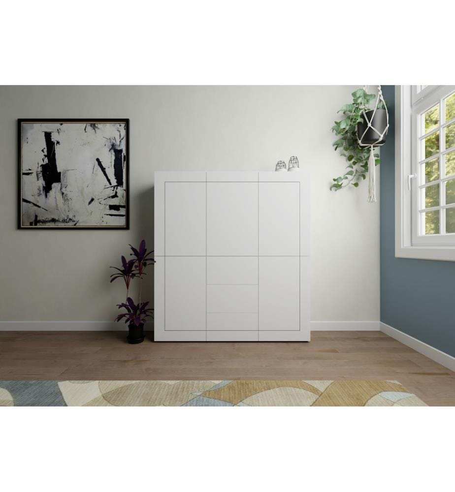 Commode haute 5 portes/3 tiroirs 150x35x165 cm Elios blanc brillant