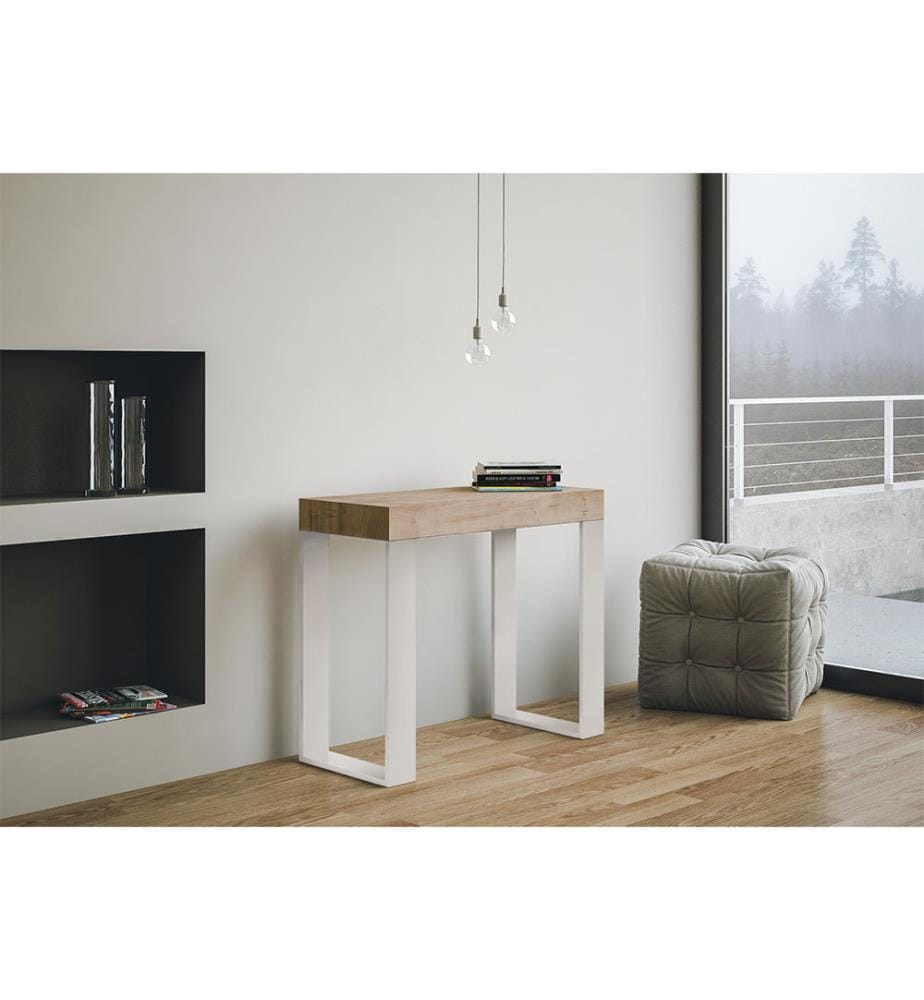 Table Console Extensible 90x40-196 cm Tecno Small Chêne - Naturel, Blanc