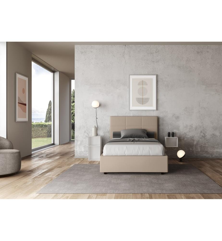 Lit rembourré avec sommier 120x200 avec housse en similicuir gris pigeon Mika