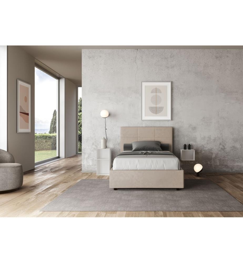 Lit rembourré avec sommier 120x200 avec housse microfibre couleur sable Mika