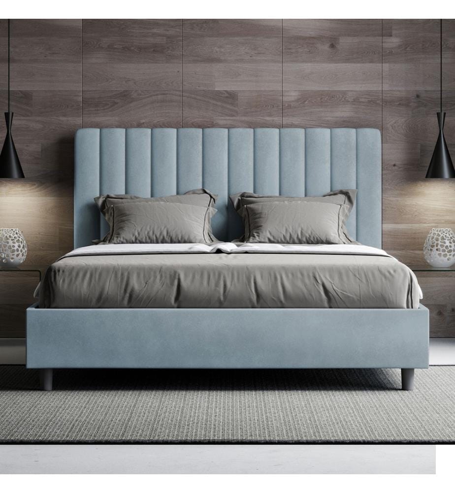 Lit rembourré avec sommier 160x190 avec housse microfibre bleu ciel Agueda