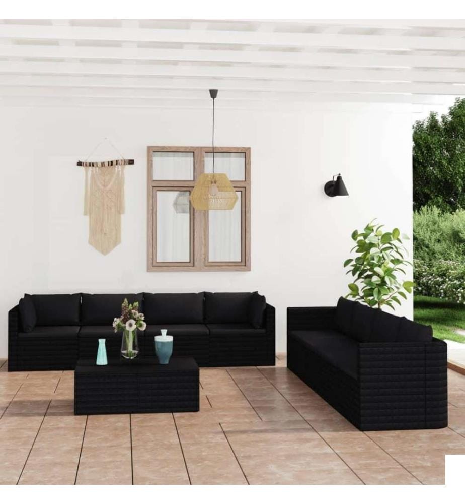 Salon de jardin 9 pcs avec coussins Résine tressée Noir