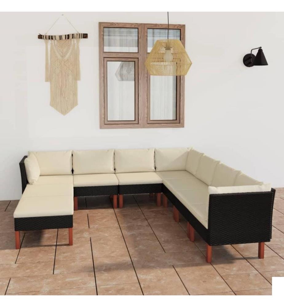 Salon de jardin 9 pcs avec coussins Résine tressée Noir