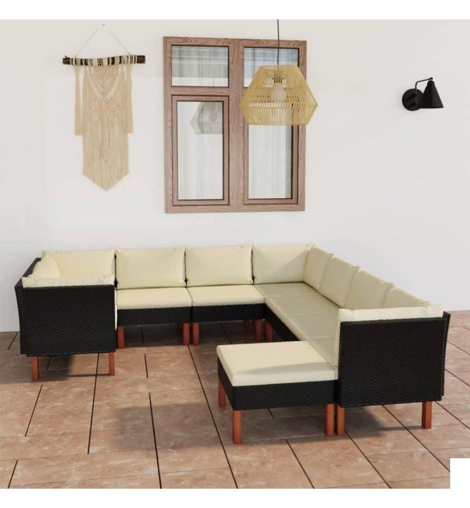 Salon de jardin 9 pcs avec coussins Résine tressée Noir