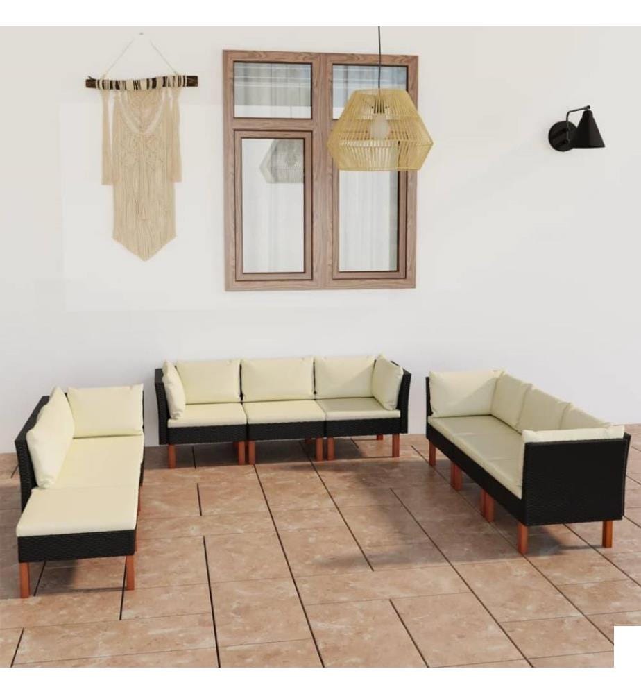 Salon de jardin 9 pcs avec coussins Résine tressée Noir