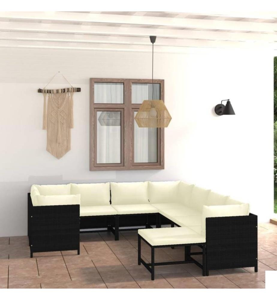Salon de jardin 9 pcs avec coussins Résine tressée Noir