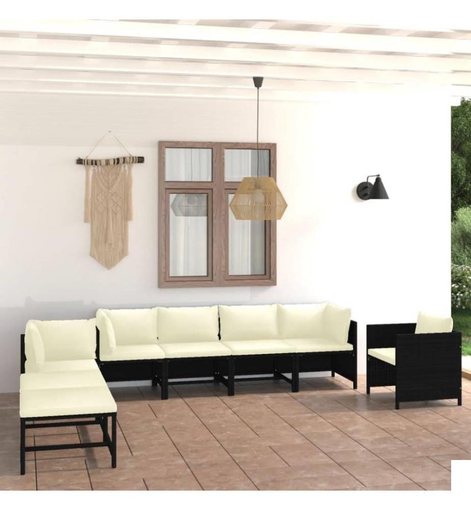 Salon de jardin 8 pcs avec coussins Résine tressée Noir