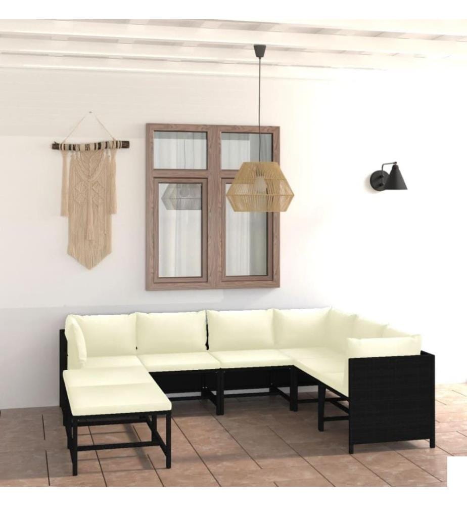 Salon de jardin 8 pcs avec coussins Résine tressée Noir
