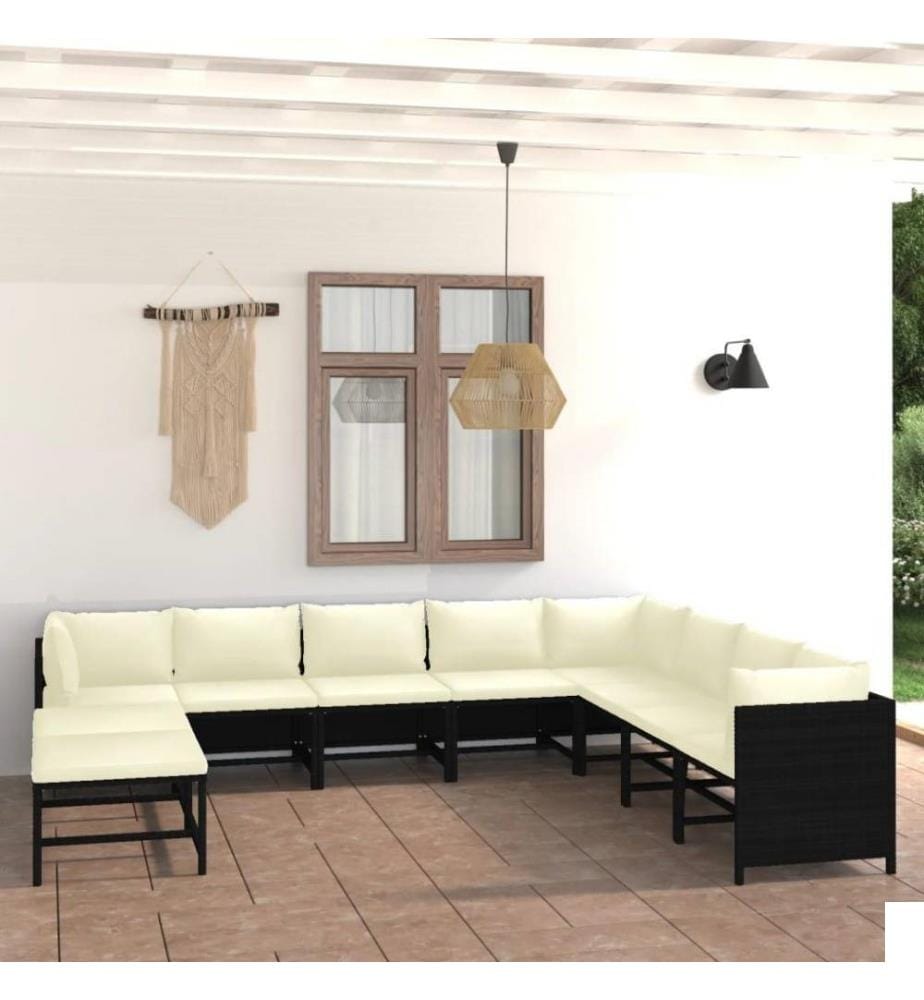 Salon de jardin 9 pcs avec coussins Résine tressée Noir