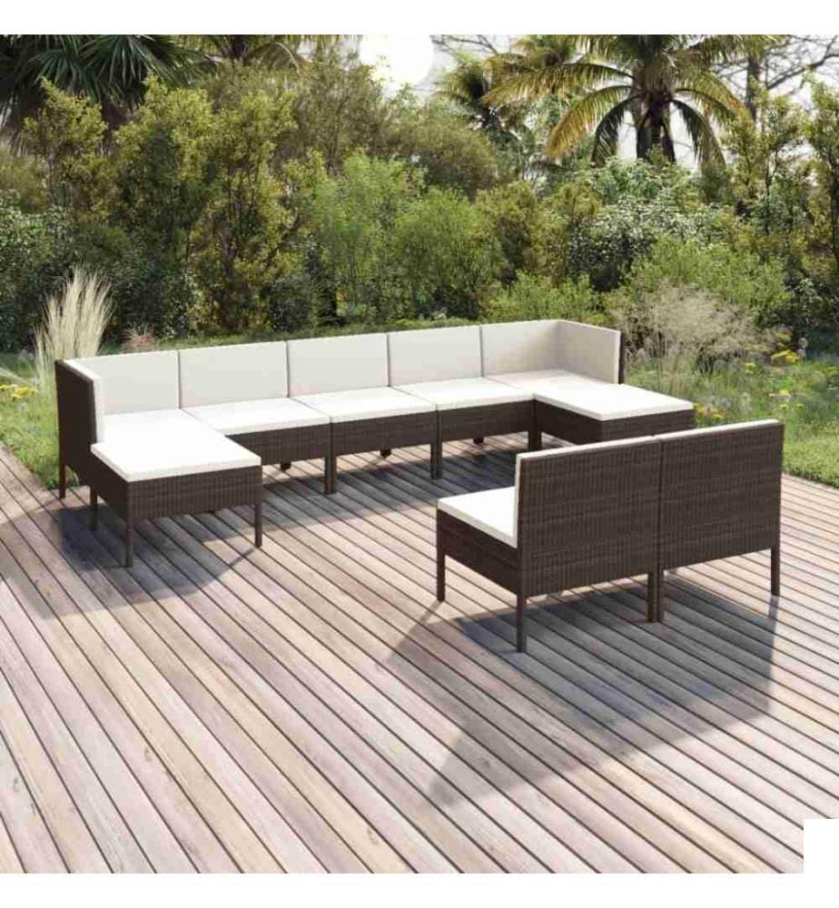 Salon de jardin 9 pcs avec coussins Résine tressée Marron