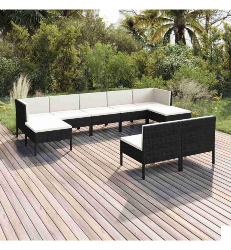 Salon de jardin 9 pcs avec coussins Résine tressée Noir