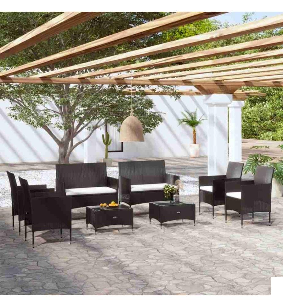 Salon de jardin 8 pcs avec coussins Résine tressée Noir
