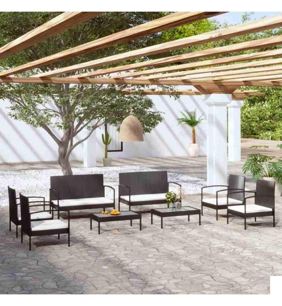 Salon de jardin 8 pcs avec coussins Résine tressée Noir