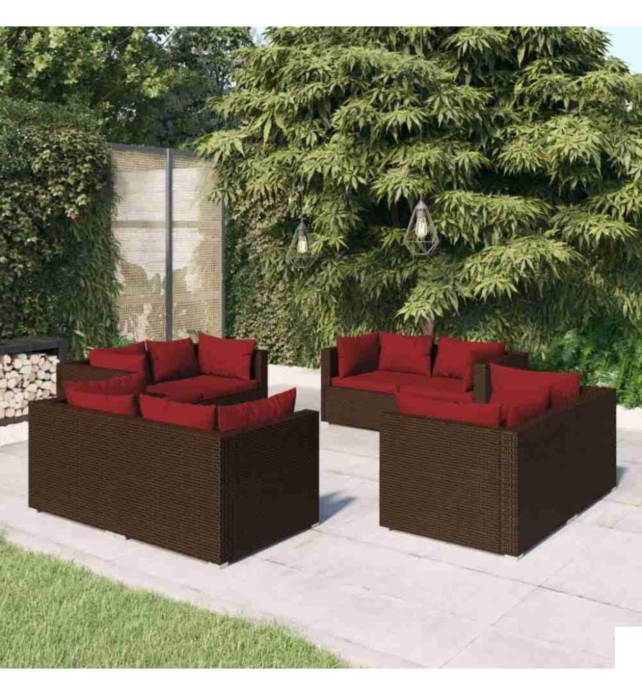 Salon de jardin 8 pcs avec coussins Résine tressée Marron